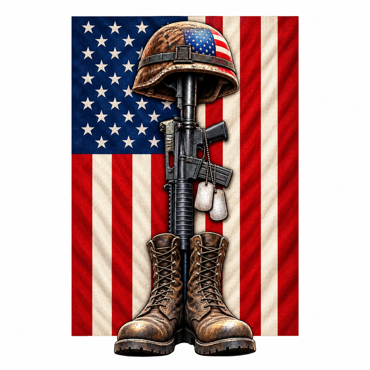 Battlefield memorial with helmet, upright rifle, dog tags and boots against a rectangular American flag