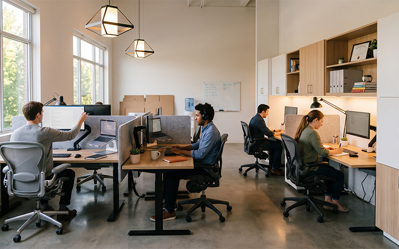 Four people working at desks in a bright shared office with large windows